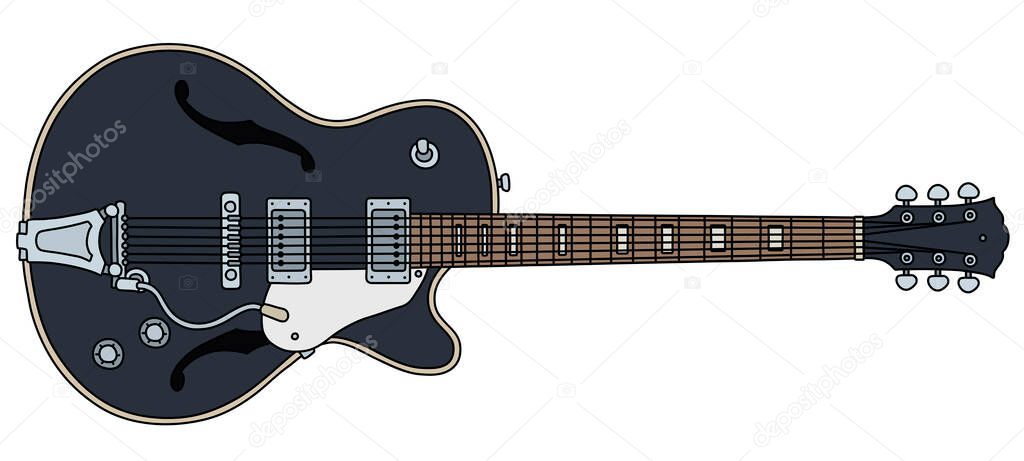 The vectorized hand drawing of a retro black electric guitar