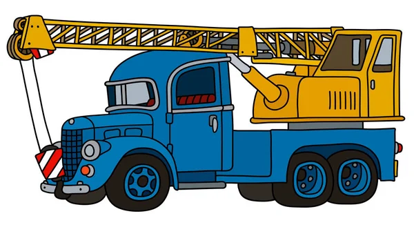Vektorizované Ruční Kreslení Vtipného Klasického Jeřábu Modrého Žlutého Kamionu Royalty Free Stock Ilustrace