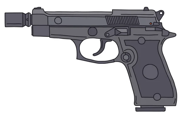Die Vektorisierte Handzeichnung Einer Neueren Handfeuerwaffe Mit Kleinem Schalldämpfer — Stockvektor