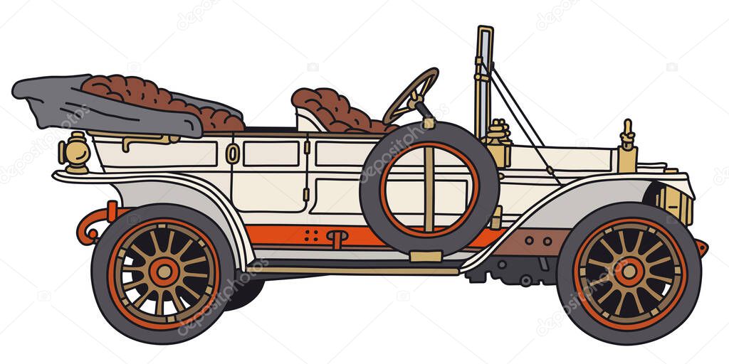 The vectorized hand drawing of a vintage white car
