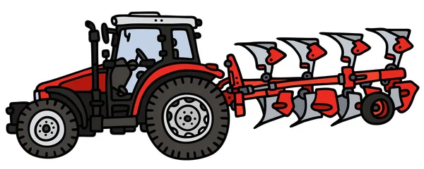 Red tractor with a plow — Stock Vector