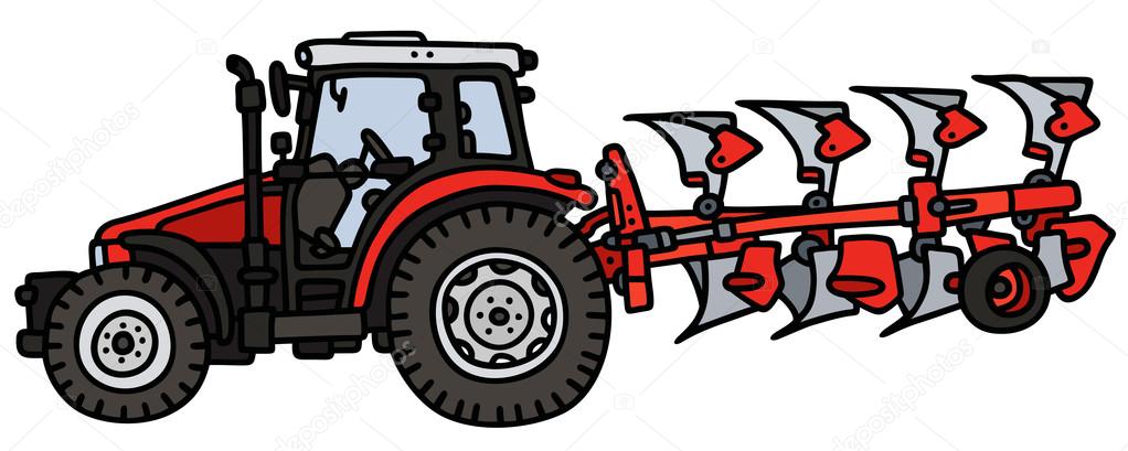 Red tractor with a plow