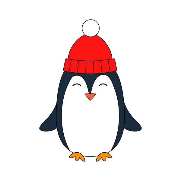 Симпатичный Пингвин Зимней Шляпе Плоской Векторной Иллюстрацией — стоковый вектор