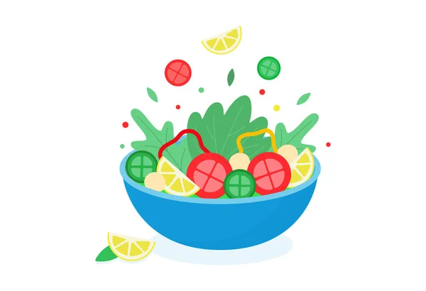 Schaal Van Gezonde Salade Met Verse Ingrediënten Flat Vector Illustratie — Stockvector