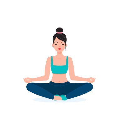 Yoga yapan genç bir kadın, meditasyon yapıyor. Düz Vektör İllüstrasyonu.