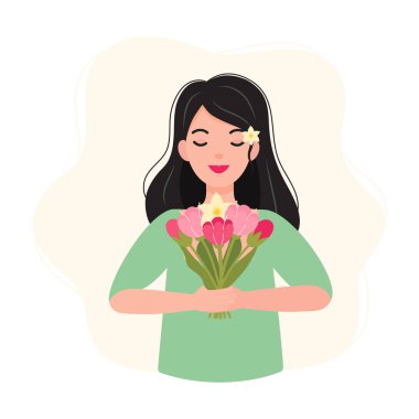 Elinde bir demet çiçek tutan sevimli mutlu kız. Düz vektör çizimi. Bahar konsepti.