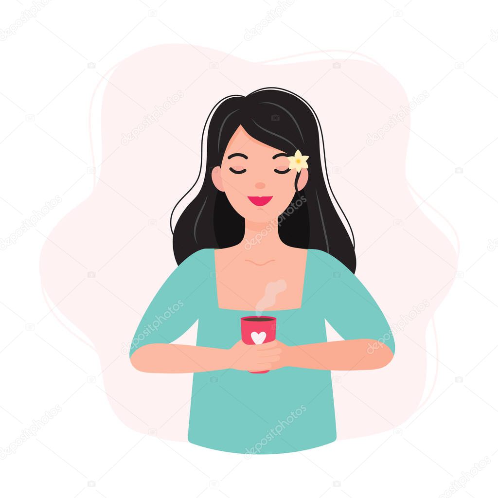 Cute young girl holding a hot coffee cup. Flat vector illustration.