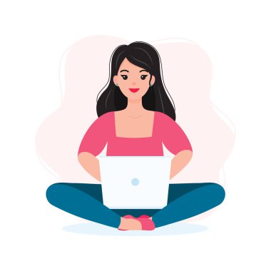 Dizüstü bilgisayarda çalışan kız, Freelancer, ya da Öğrenci Düz Vektör İlülasyonu