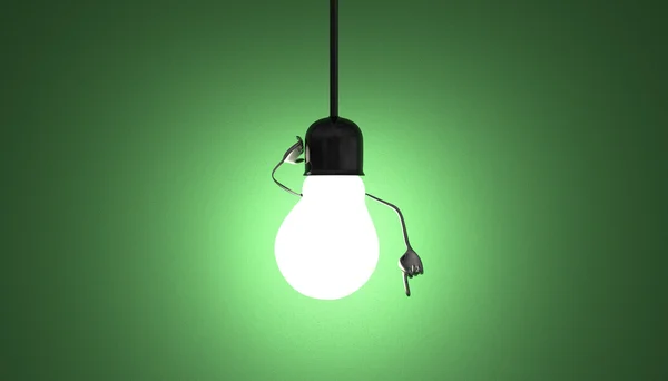 Light bulb character in socket, moment of insight on green