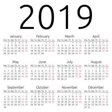 Simple vector calendar 2019