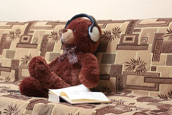 Bear, headphones, book