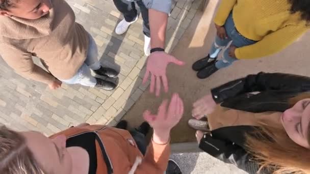 An overhead view of the hands of friends or colleagues from different cultures — Stock Video