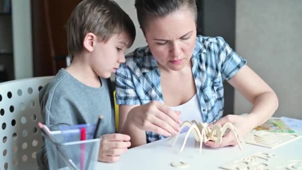 Máma pomáhá svému synovi, aby si vyrobil dřevěnou hračku podle pokynů — Stock video