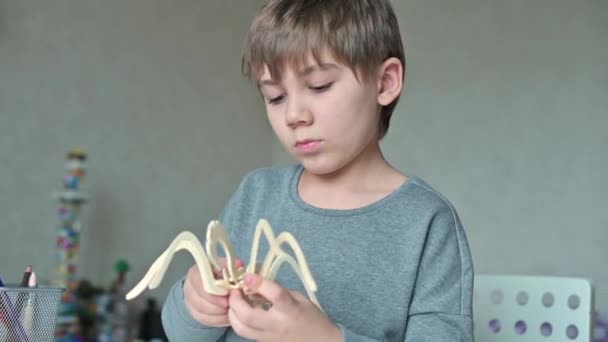 Close-up de um menino montando um brinquedo de madeira de peças — Vídeo de Stock
