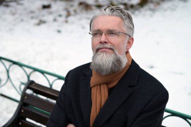 Saf gri saçlı, sakallı ve gözlüklü yetişkin bir adamın yakın plan portresi.