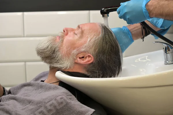 Shampooing Haircut Barbershop Male Master Washes Head Gray Haired Man Stock Picture