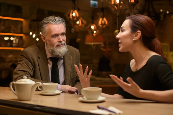 Man Woman Sit Bar Chat Eve Christmas Gray Haired Man Stock Picture