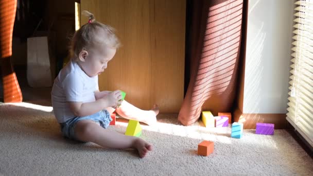 Fetița se joacă cu figuri colorate lângă o fereastră cu obloane prin care cade lumina — Videoclip de stoc