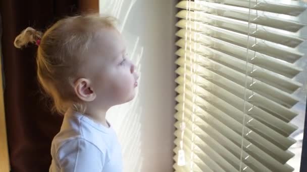 Mała dziewczynka patrzy przez okno przez żaluzje — Wideo stockowe