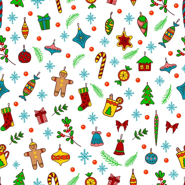 Ručně Kreslené Veselé Vánoce Šťastný Nový Rok Bezproblémový Vzor Doodle — Stockový vektor