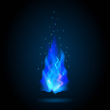 Siyah arka planda yanan sihirli ateş mavi alev. Kıvılcımlarla yanan özel efektli şeffaf şenlik ateşi topu. Oyun tasarımı ve dekorasyonu için yarı saydam ögeler