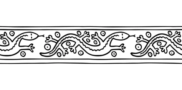 Naadloos Randpatroon Met Handgetekende Hagedis Abstracte Figuren Gevoerd Horizontale Strepen — Stockvector