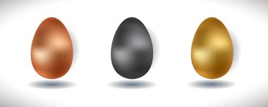 Paskalya yumurtaları renkli metalik set: gümüş, altın, bronz. Beyaz arka planda Paskalya yumurtası avı sembolü. Vektör illüstrasyonu