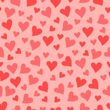 Pembe arka planda çeşitli boyutlarda, pembe mercan pastel renklerin basit kalp simgelerinin hoş, pürüzsüz deseni. Aşk, düğün, romantizm, Sevgililer Günü sembolü. Bebek partisi tasarımı. Vektör illüstrasyonu