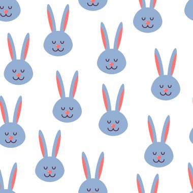 Tavşan kafalı, kusursuz bir desen. Çizgi film tavşanının kafası beyaz hayvan arka planında tatlı kawaii pastel mavisi. Albüm, pankart, baskı ve tekstil tasarımı için kullanılabilir. Vektör illüstrasyonu