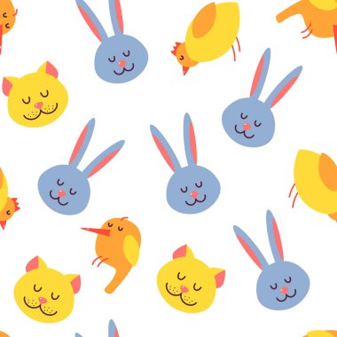 Paskalya deseni kusursuz. Beyaz arka planda sevimli kawaii renkli çizgi film elemanları. Tavşan, kedi, kuş, tavuk. Albüm, baskı, tekstil, kumaş tasarımı. Vektör illüstrasyonu