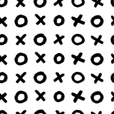 Noughts and crosses seamless pattern. Tic tac toe black and white grunge background design texture. Vector illustration for wallpaper, greeting card, wrapping paper, textile, cover clipart