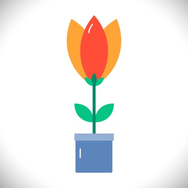 Tencere ikonunda lale. Kırmızı, sarı ve mavi pastel renkler çiçek. Beyaz arka planda şirin, düz bir bitki. Düz vektör illüstrasyonu