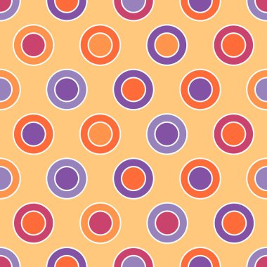 Çemberleri ve farklı renkte halkaları olan kusursuz bir desen. Soyut geometrik şekiller, doku. Tekstil, web tasarımı, kartlar, arka plan için minimalist kompozisyon. Vektör illüstrasyonu