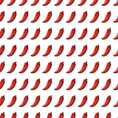 Kırmızı kırmızı biber ikonu, dikişsiz desen. Baharatlı Meksika mutfağı çizgisi sembolleri sıraya dizilmiş. Moda siluet tabela tasarım şablonu. Grafiksel resim. Ana hatlı logo vektör illüstrasyonu