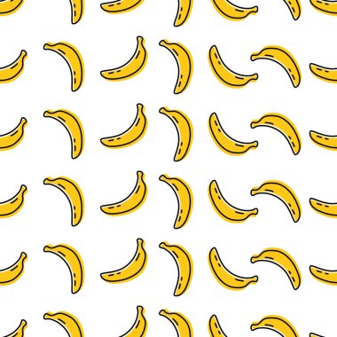 Muz ikonu kusursuz desen. Vejetaryen gıda sembolü. Sarı dolgulu satır etiketi. Modaya uygun siluet işareti, grafik resim grafiği. Beyaz arkaplanda izole edilmiş doğrusal logo vektör çizimi