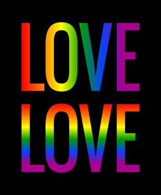 Siyah üzerine gökkuşağı desenli sevimli kelime harfleri. Sevgililer Günü için renkli yazıtlar, düğün, nişan, romantik tasarım. LGBT, CSD Christopher Sokağı Günü, gurur, Açılış Günü sembolü