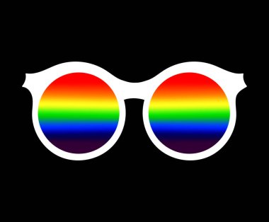 Gökkuşağı lensli gözlük ve siyah arka planda beyaz çerçeve. Geçit töreni, gey gururu, parti, festival davetiyesi, kart, baskı, tişört, logo, poster konsepti. LGBT olay tasarımı