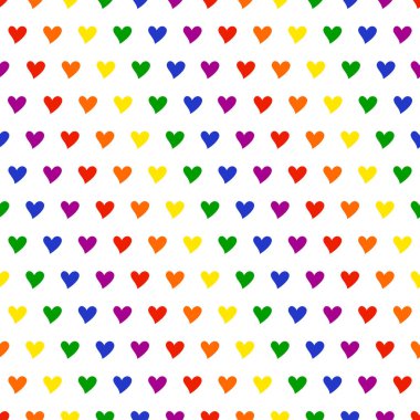 Renkli kalplerin kusursuz gökkuşağı deseni. LGBT, eşit haklar, adalet, hoşgörü, gurur, CSD, özgürlük, aşk sembolü. Sevgililer Günü, romantizm, evlilik, düğün, nişan tasarımı