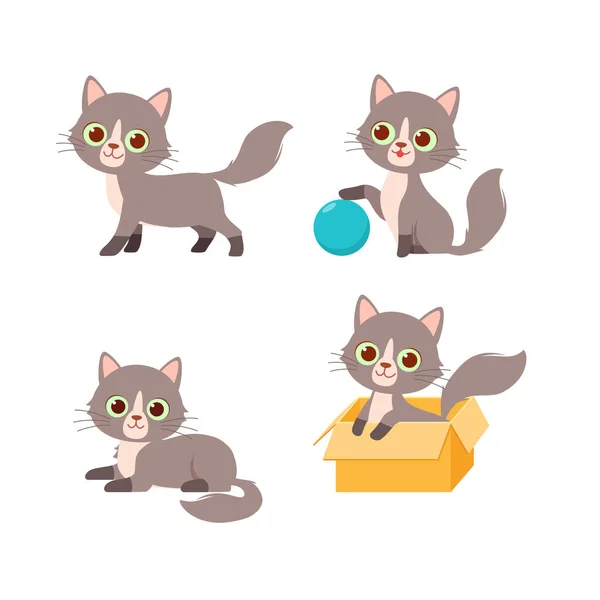 Roztomilý Kočka Domácí Zvíře Hrát Póza Styl Nastavit Svazek — Stockový vektor