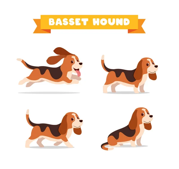 Bonito Basset Cão Cão Cão Animal Estimação Com Muitos Pose — Vetor de Stock