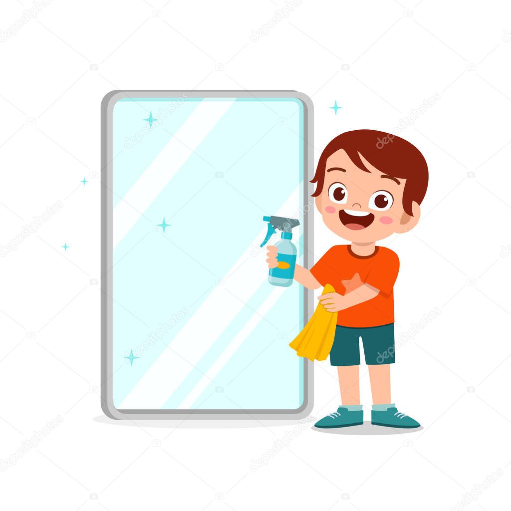 cute kid cleaning mirror