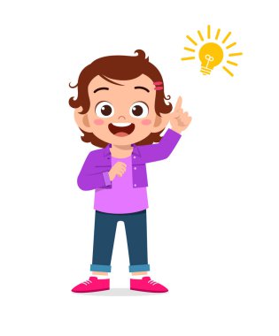 Fikir lambası işareti olan mutlu, küçük bir kız çocuğu