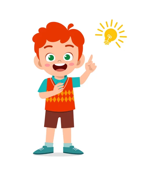 Niño Lindo Feliz Con Signo Lámpara Idea — Vector de stock