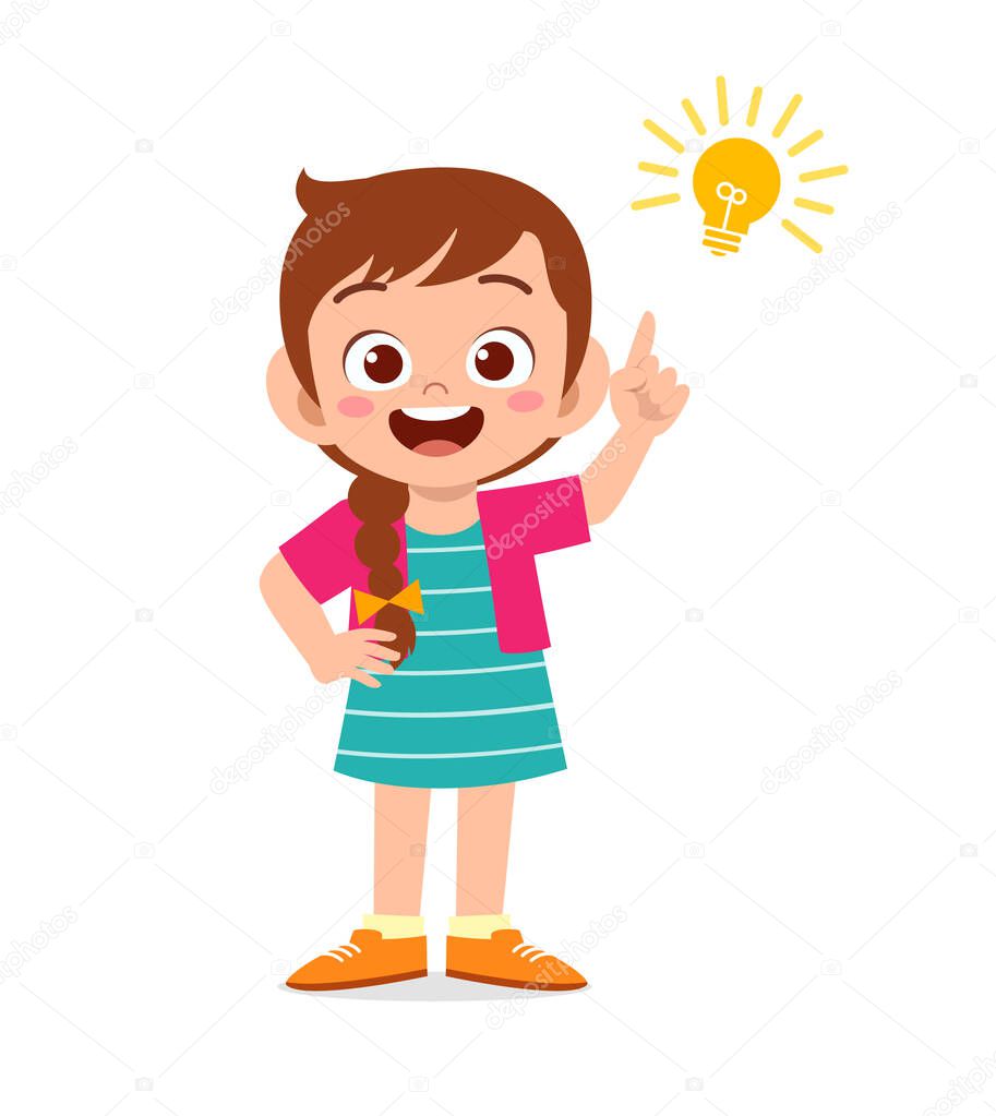 happy cute little kid girl with idea lamp sign