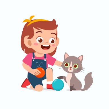 Küçük tatlı kız evcil kediyle oynuyor.