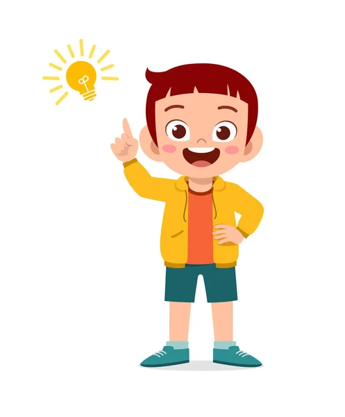 Happy Cute Little Kid Boy Idea Lamp Sign — Stock Vector