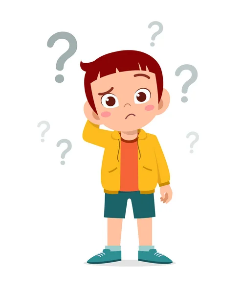 Lindo Niño Pequeño Pensar Con Signo Interrogación — Vector de stock