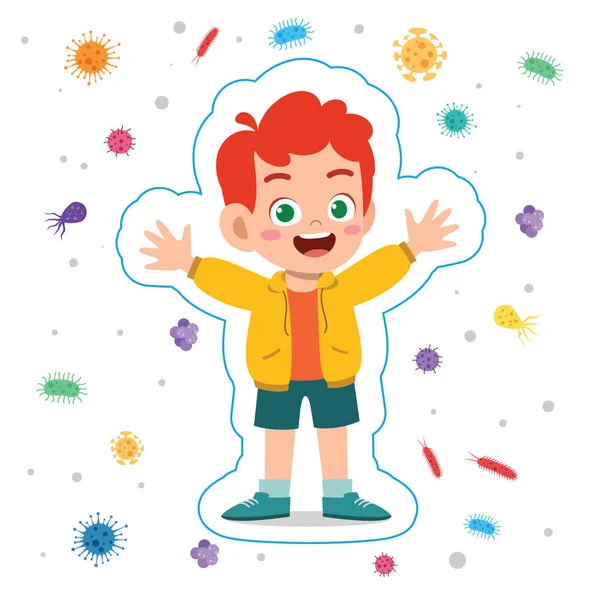 Χαρούμενο Χαριτωμένο Μικρό Παιδί Αγόρι Ανοσοποιητικό Σύστημα Προστασίας — Διανυσματικό Αρχείο