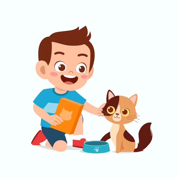 Menino Pequeno Bonito Feliz Jogar Com Gato Estimação — Vetor de Stock