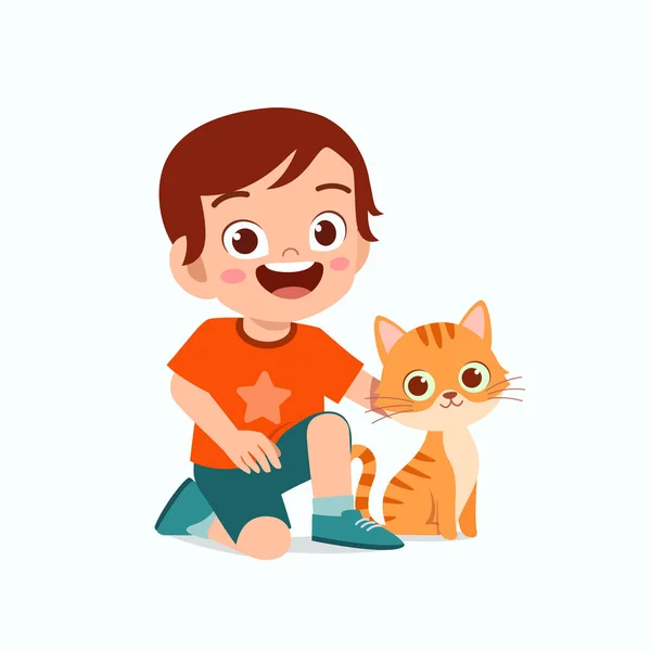 Feliz Lindo Niño Niño Jugar Con Gato Mascota — Archivo Imágenes Vectoriales